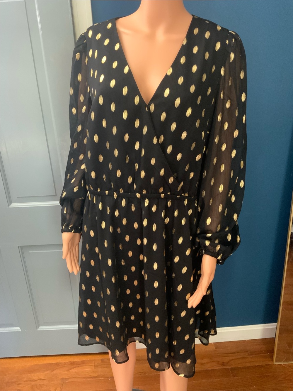 INC International Concepts Black Dress with Gold Dot Print — Long Sleeve Wrap